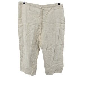 Sundance Linen Pants Womens L Beige Striped Cropped Drawstring Relaxed Capri
